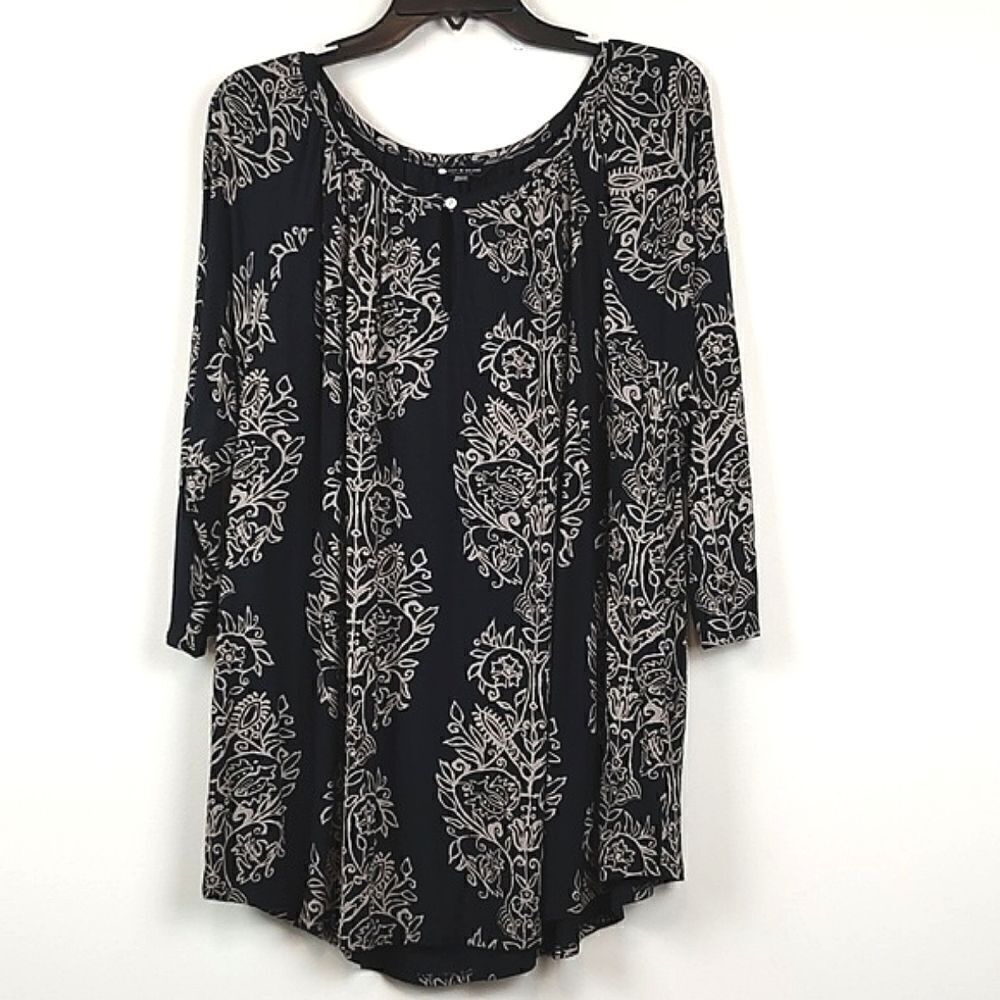 Lucky Brand Black & Tan Floral Paisley Boho 3/4 Length Sleeve Blouse Top Size 2X